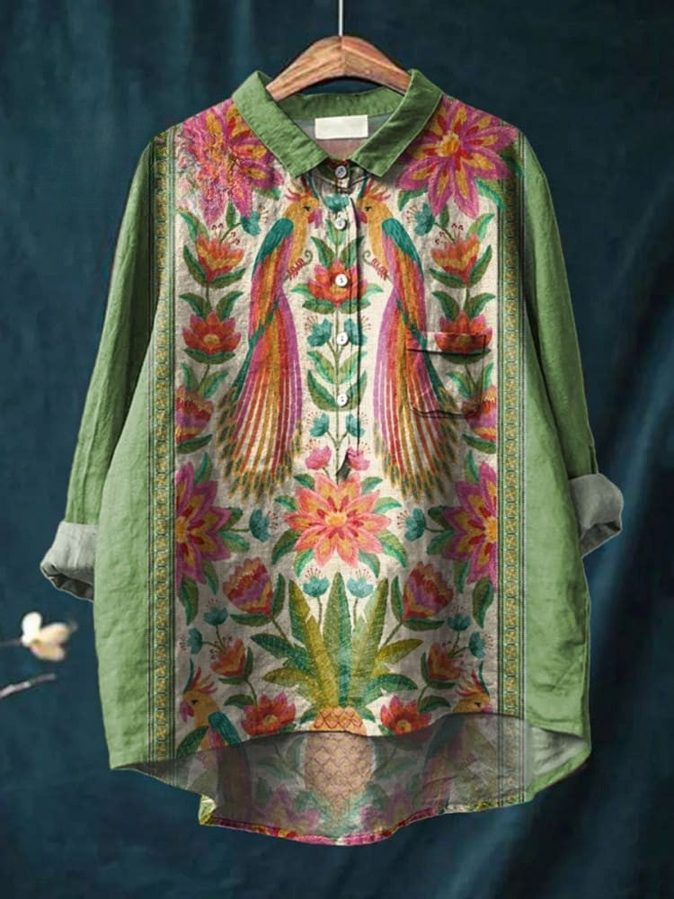 Koszula Casual z Wzorem Kwiatów i Ptaków w Stylu Vintage dla Kobiet
